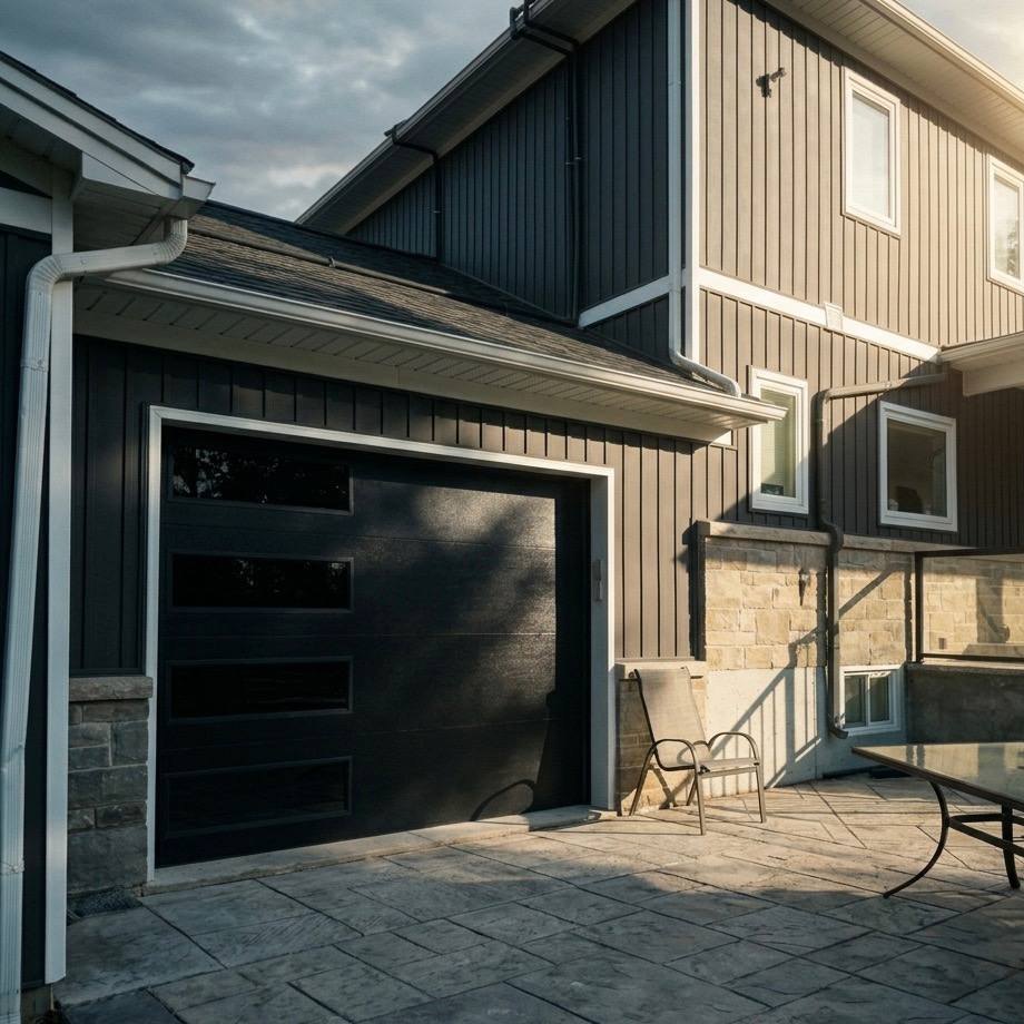 Premium black contemporary residential garage door installed by Doorfect