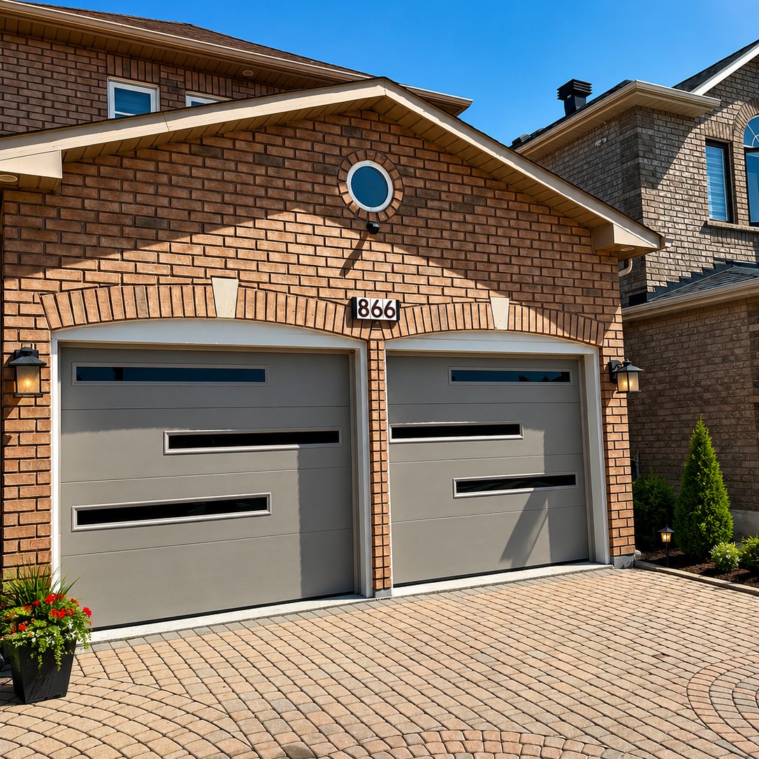 Twin beige garage doors installed by Doorfect on a brick home in the GTA