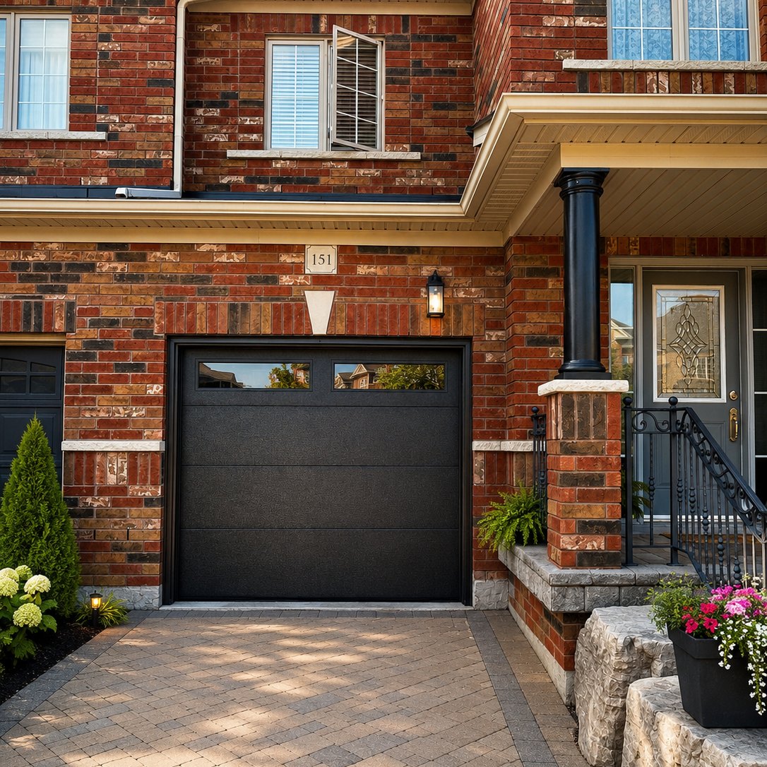 Black single garage door installed on a red brick home in the GTA