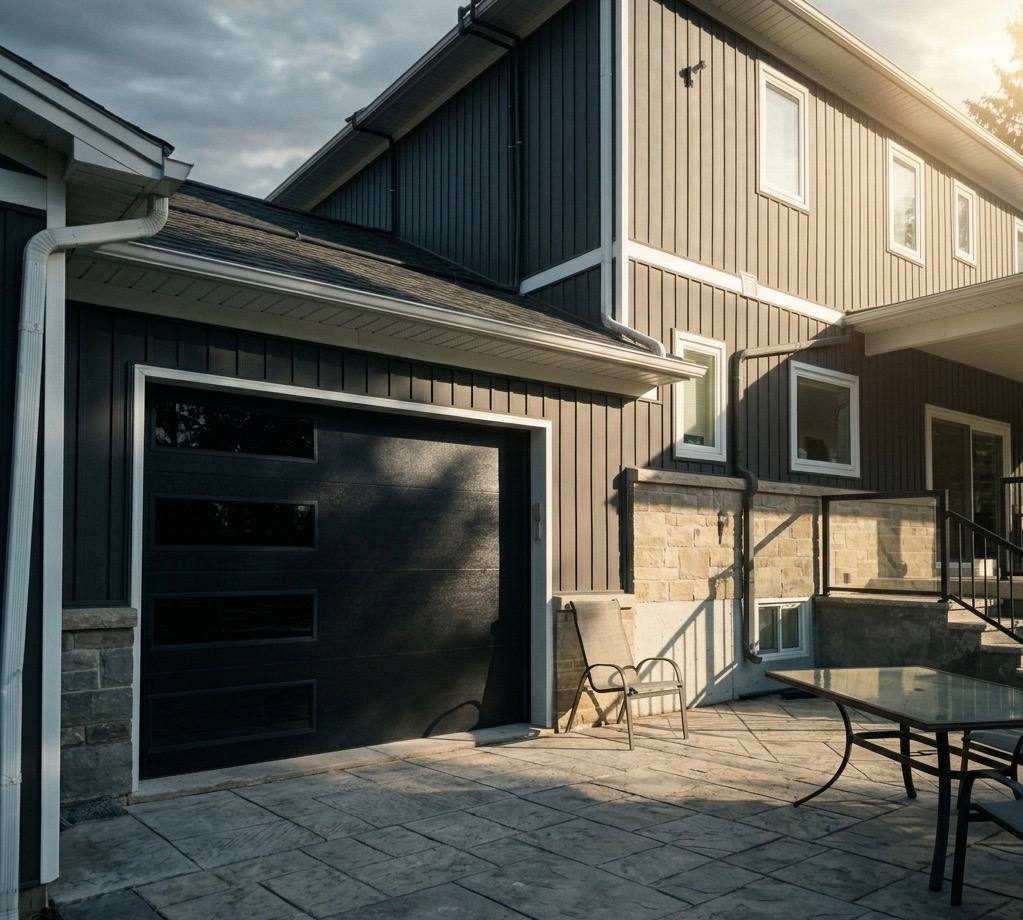 Premium black contemporary residential garage door installed by Doorfect on a modern GTA home