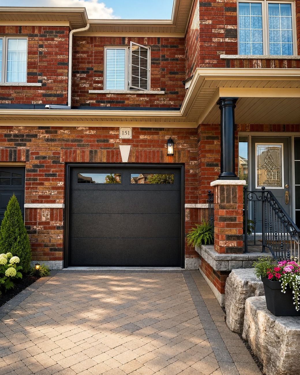 New black single garage door professionally installed by Doorfect on a brick home in the GTA