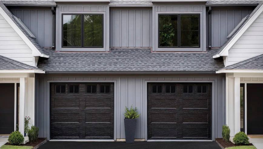 Twin black panel garage doors on a contemporary home